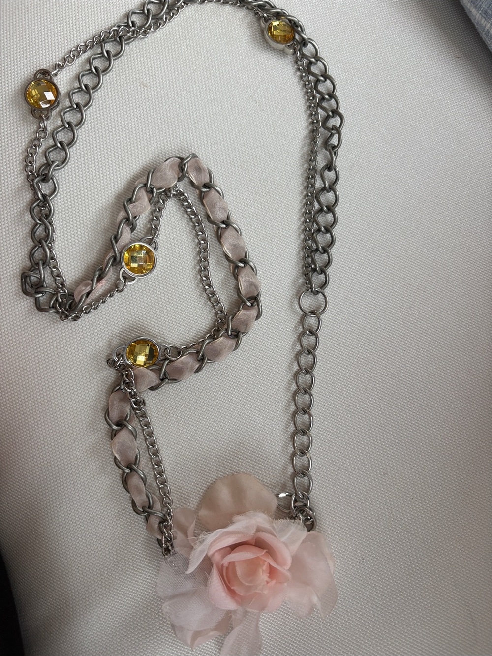 Delicate Pink Floral ribbon Chain Necklace - Women's faux amber long costume